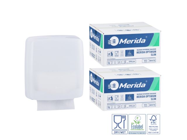 Pojemnik na ręczniki składane MERIDA HARMONY SLIM za 1 zł netto przy zakupie 2 kartonów ręczników składanych MERIDA OPTIMUM SLIM ECOLABEL VOB207 (2 x 2700 = 5 400 listków)