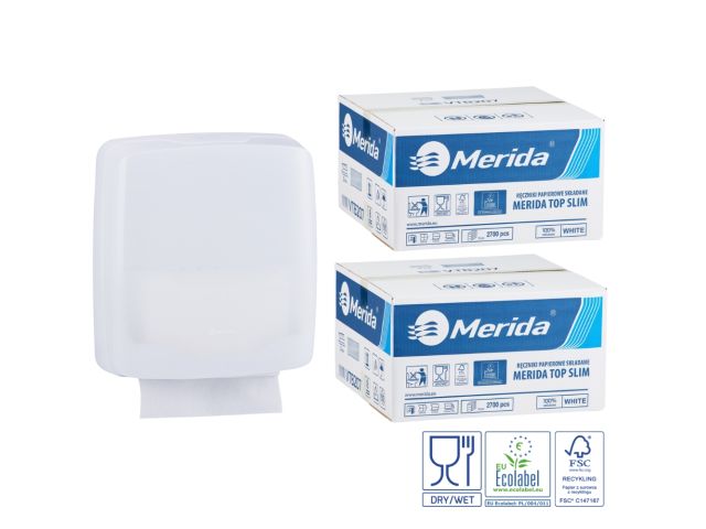 Pojemnik na ręczniki składane MERIDA HARMONY za 1 zł netto przy zakupie 2 kartonów ręczników składanych MERIDA TOP SLIM ECOLABEL VTB207 (2 x 2700 = 5 400 listków)