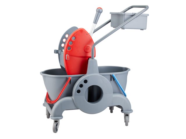 Double-bin cleaning trolley 30 l (2 x 15 l), with 8 l tray, red press