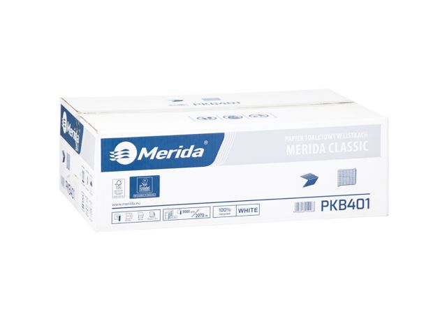 Papier toaletowy w listkach MERIDA CLASSIC, biały, jednowarstwowy, karton 9000 szt., ECOLABEL