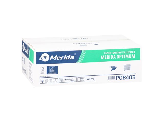 Papier toaletowy w listkach MERIDA OPTIMUM, biały, dwuwarstwowy, karton 9000 szt., ECOLABEL