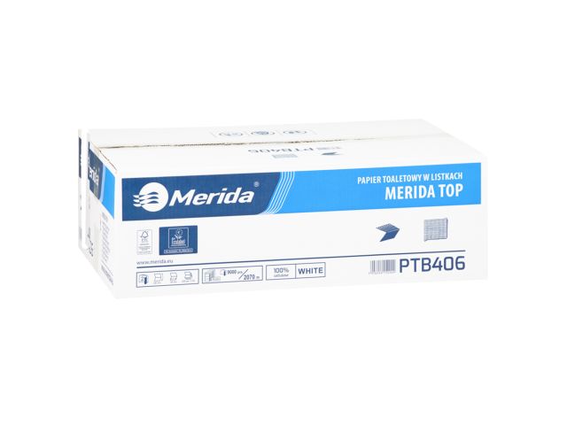 Papier toaletowy w listkach MERIDA TOP, biały, dwuwarstwowy, karton 9000 szt., ECOLABEL