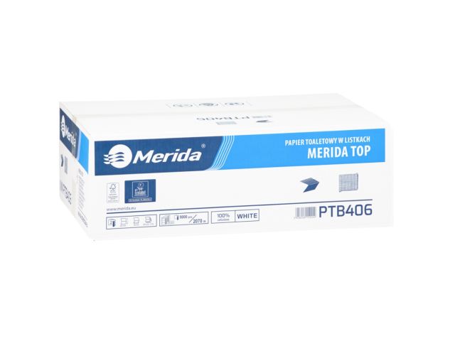 Papier toaletowy w listkach MERIDA TOP, biały, dwuwarstwowy, karton 9000 szt., ECOLABEL