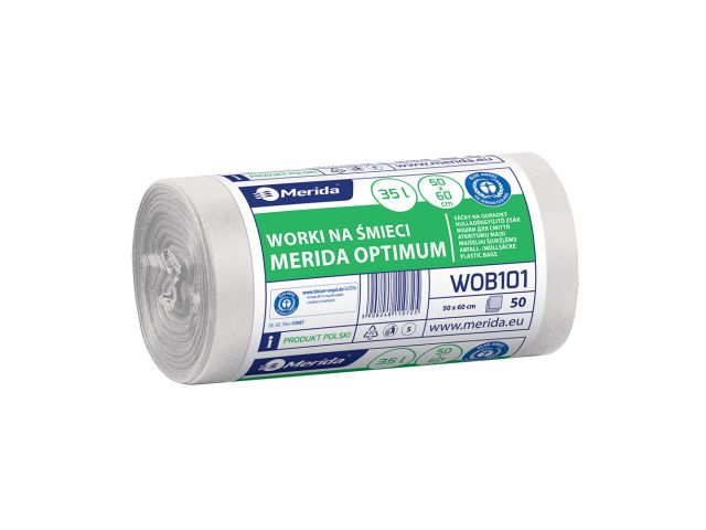 Worki na śmieci MERIDA OPTIMUM, 50 x 60 cm, pojemność 35 l, rolka 50 szt., BIAŁE, HDPE/LDPE