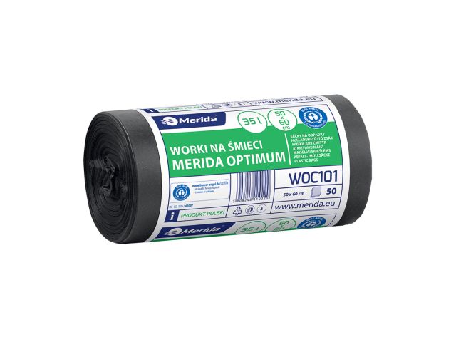 Worki na śmieci MERIDA OPTIMUM, 50 x 60 cm, pojemność 35 l, rolka 50 szt., CZARNE, HDPE/LDPE