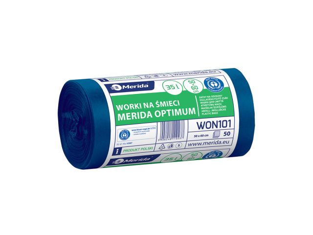 Worki na śmieci MERIDA OPTIMUM, 50 x 60 cm, pojemność 35 l, rolka 50 szt., NIEBIESKIE, HDPE/LDPE