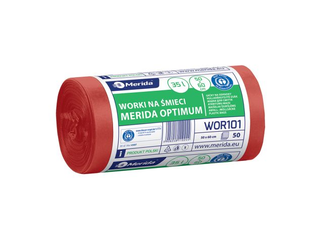 Worki na odpady medyczne MERIDA OPTIMUM, 50 x 60 cm, pojemność 35 l, rolka 50 szt., CZERWONE, HDPE/LDPE