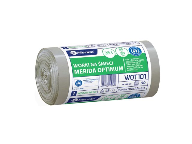 Worki na śmieci MERIDA OPTIMUM, 50 x 60 cm, pojemność 35 l, rolka 50 szt., BEZBARWNE, HDPE/LDPE