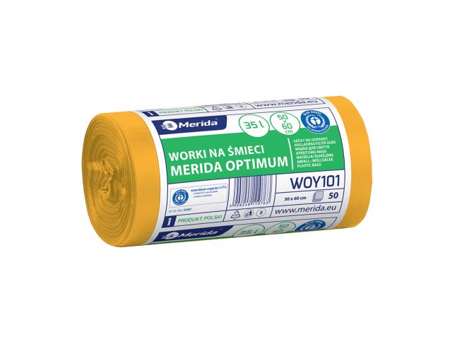 Worki na śmieci MERIDA OPTIMUM, 50 x 60 cm, pojemność 35 l, rolka 50 szt., ŻÓŁTE, HDPE/LDPE