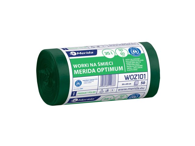 Worki na śmieci MERIDA OPTIMUM, 50 x 60 cm, pojemność 35 l, rolka 50 szt., ZIELONE, HDPE/LDPE