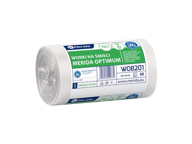 Worki na śmieci MERIDA OPTIMUM, 60 x 90 cm, pojemność 70 l, rolka 50 szt., BIAŁE, HDPE/LDPE
