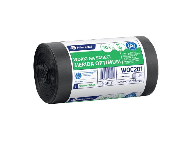 Worki na śmieci MERIDA OPTIMUM, 60 x 90 cm, pojemność 70 l, rolka 50 szt., CZARNE, HDPE/LDPE