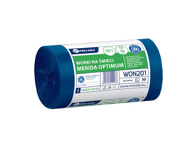 Worki na śmieci MERIDA OPTIMUM, 60 x 90 cm, pojemność 70 l, rolka 50 szt., NIEBIESKIE, HDPE/LDPE
