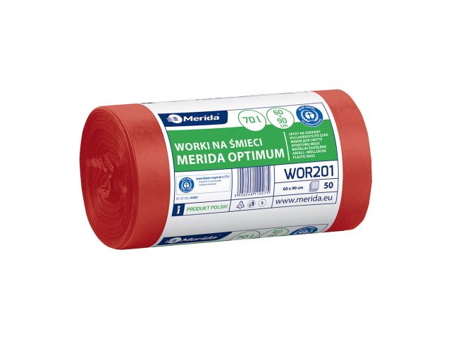 Worki na odpady medyczne MERIDA OPTIMUM, 60 x 90 cm,  pojemność 70 l, rolka 50 szt., CZERWONE, HDPE/LDPE