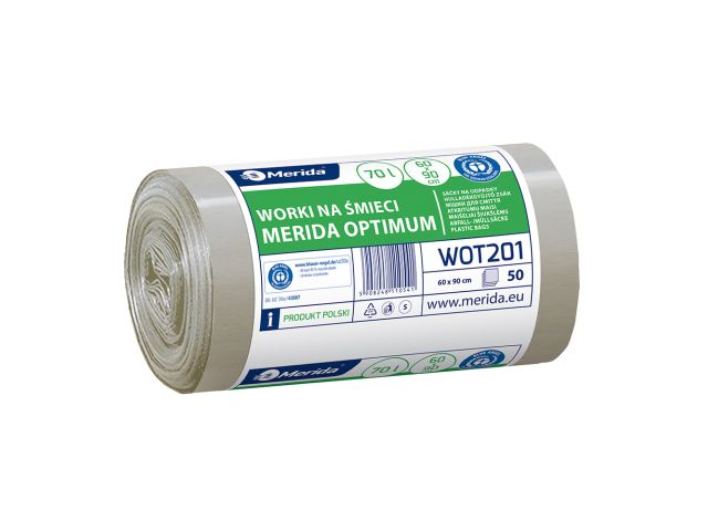 Worki na śmieci MERIDA OPTIMUM, 60 x 90 cm, pojemność 70 l, rolka 50 szt., BEZBARWNE, HDPE/LDPE