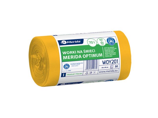 Worki na śmieci MERIDA OPTIMUM, 60 x 90 cm, pojemność 70 l, rolka 50 szt., ŻÓŁTE, HDPE/LDPE