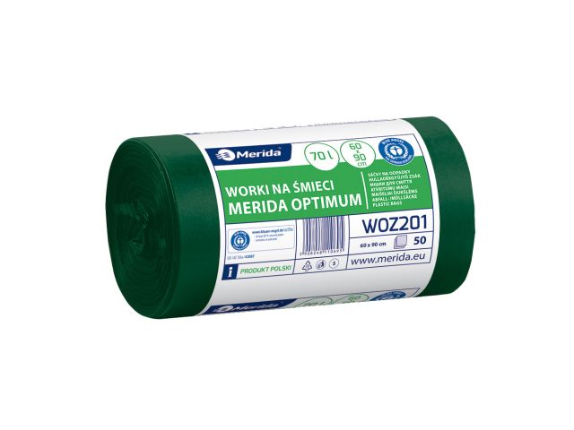 Worki na śmieci MERIDA OPTIMUM, 60 x 90 cm, pojemność 70 l, rolka 50 szt., ZIELONE, HDPE/LDPE