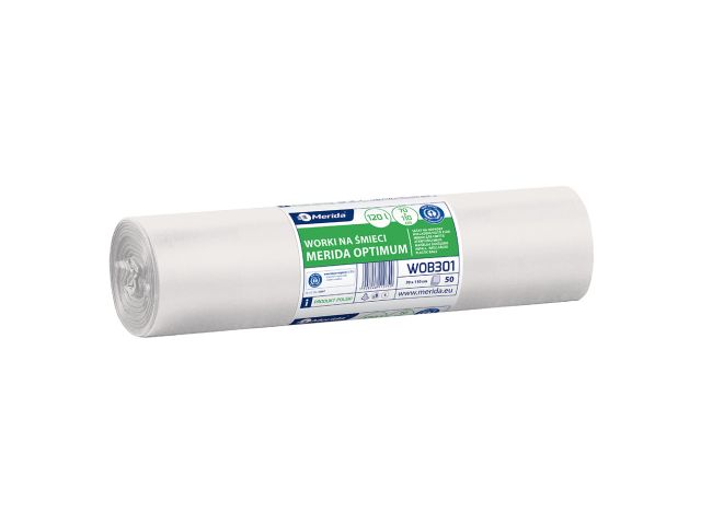 Worki na śmieci MERIDA OPTIMUM, 70 x 110 cm, pojemność 120 l, rolka 50 szt., BIAŁE, LDPE