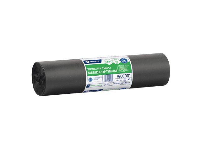 Worki na śmieci MERIDA OPTIMUM, 70 x 110 cm, pojemność 120 l, rolka 50 szt., CZARNE, LDPE