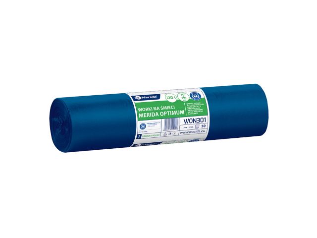 Worki na śmieci MERIDA OPTIMUM, 70 x 110 cm, pojemność 120 l, rolka 50 szt., NIEBIESKIE, LDPE