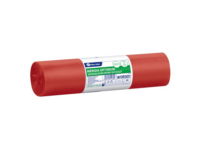 Worki na odpady medyczne MERIDA OPTIMUM, 70 x 110 cm, pojemność 120 l, rolka 50 szt., CZERWONE, LDPE