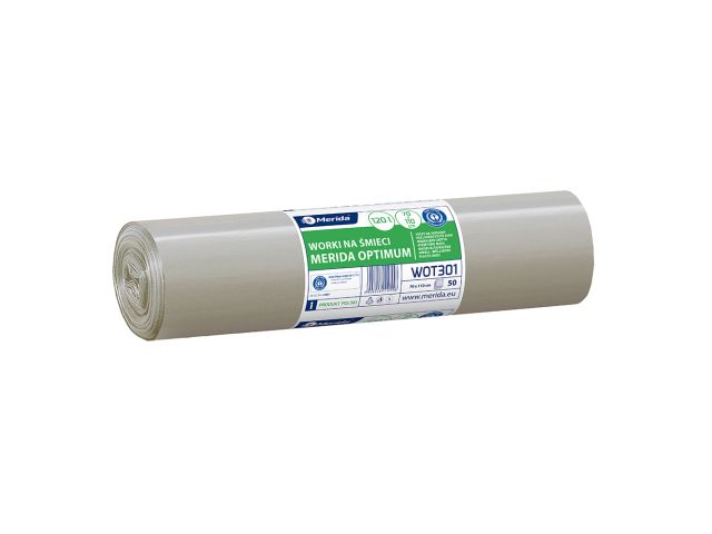 Worki na śmieci MERIDA OPTIMUM, 70 x 110 cm, pojemność 120 l, rolka 50 szt., BEZBARWNE, LDPE