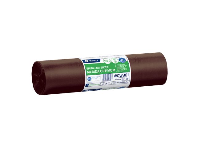 Worki na odpady BIO, MERIDA OPTIMUM, 70 x 110 cm, pojemność 120 l, rolka 50 szt., BRĄZOWE, LDPE