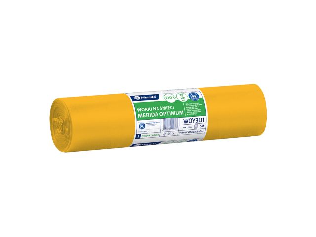 Worki na śmieci MERIDA OPTIMUM, 70 x 110 cm, pojemność 120 l, rolka 50 szt., ŻÓŁTE, LDPE