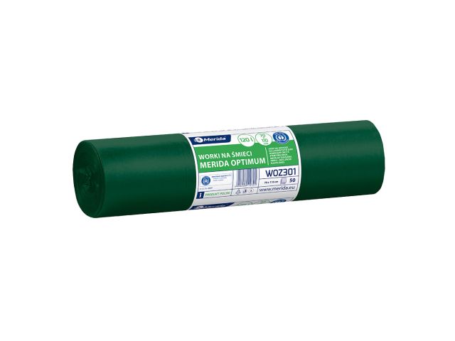Worki na śmieci MERIDA OPTIMUM, 70 x 110 cm, pojemność 120 l, rolka 50 szt., ZIELONE, LDPE