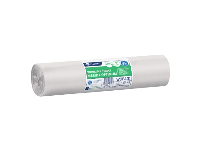 Worki na śmieci MERIDA OPTIMUM, 90 x 110 cm, pojemność 160 l, rolka 25 szt., BIAŁE, LDPE