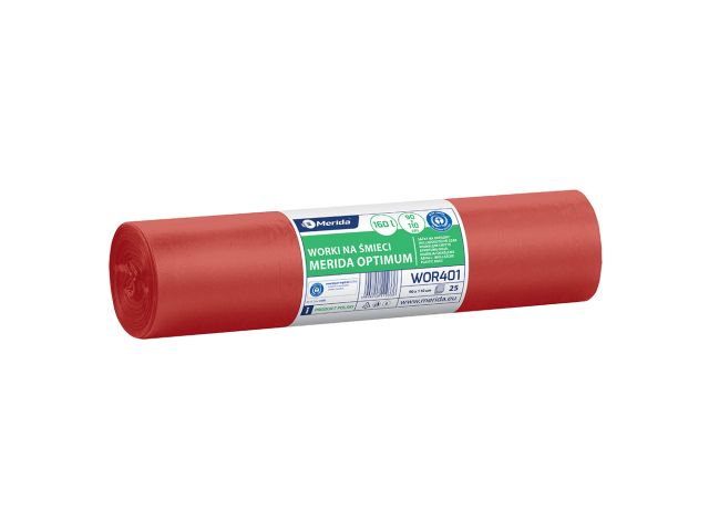 Worki na odpady medyczne MERIDA OPTIMUM, 90 x 110 cm, pojemność 160 l, rolka 25 szt., CZERWONE, LDPE