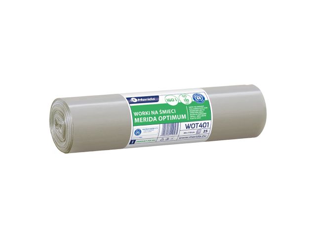 Worki na śmieci MERIDA OPTIMUM, 90 x 110 cm, pojemność 160 l, rolka 25 szt., BEZBARWNE, LDPE