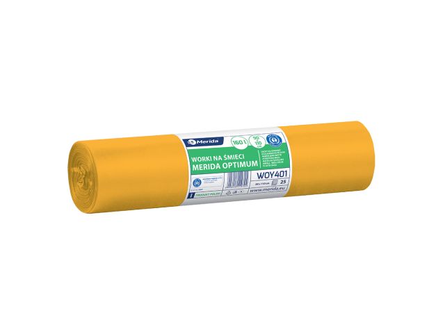 Worki na śmieci MERIDA OPTIMUM, 90 x 110 cm, pojemność 160 l, rolka 25 szt., ŻÓŁTE, LDPE