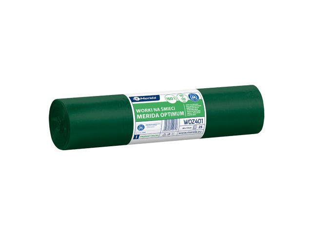 Worki na śmieci MERIDA OPTIMUM, 90 x 110 cm, pojemność 160 l, rolka 25 szt., ZIELONE, LDPE