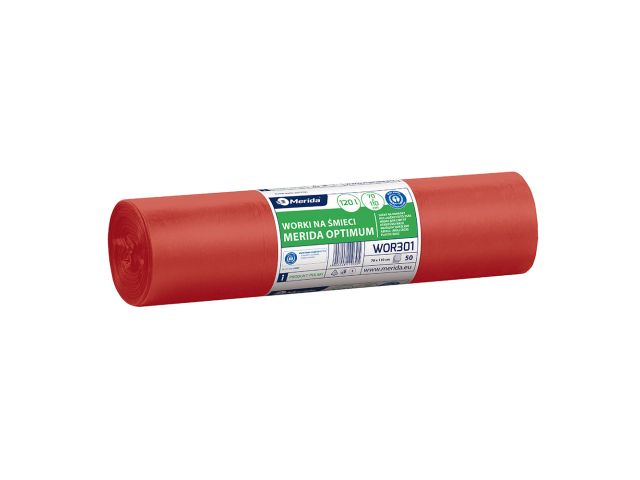 Worki na odpady medyczne MERIDA OPTIMUM, 70 x 110 cm, pojemność 120 l, rolka 50 szt., CZERWONE, LDPE
