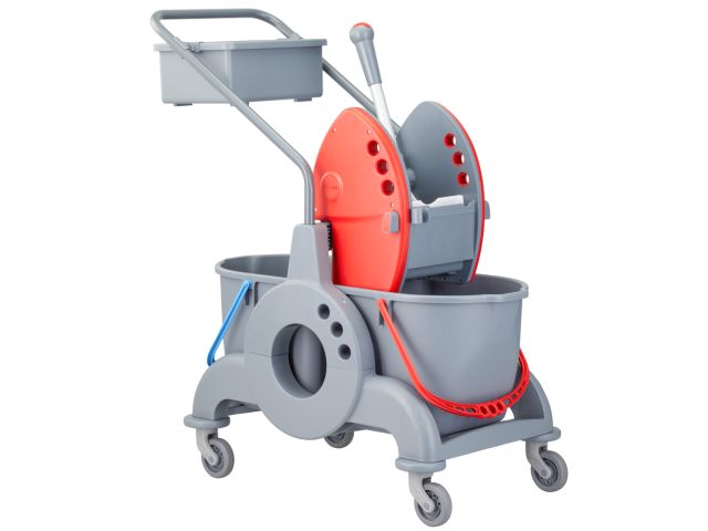 Double-bin cleaning trolley 30 l (2 x 15 l), with 8 l tray, red press