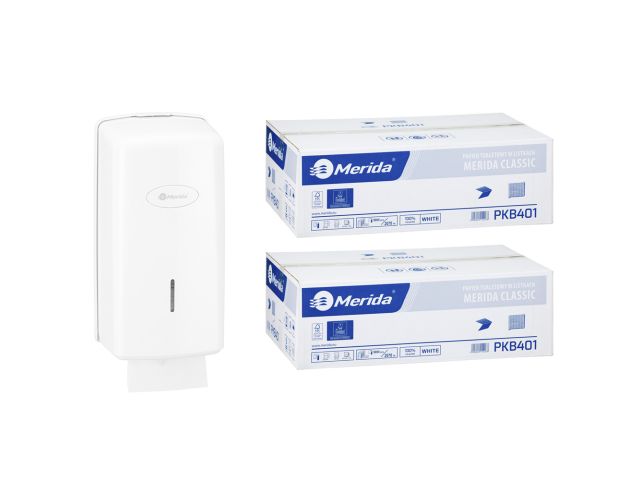Pojemnik na papier toaletowy w listkach MERIDA ONE za 1 zł netto przy zakupie 2 kartonów papierów toaletowych MERIDA CLASSIC PKB401 (18 000 listków)