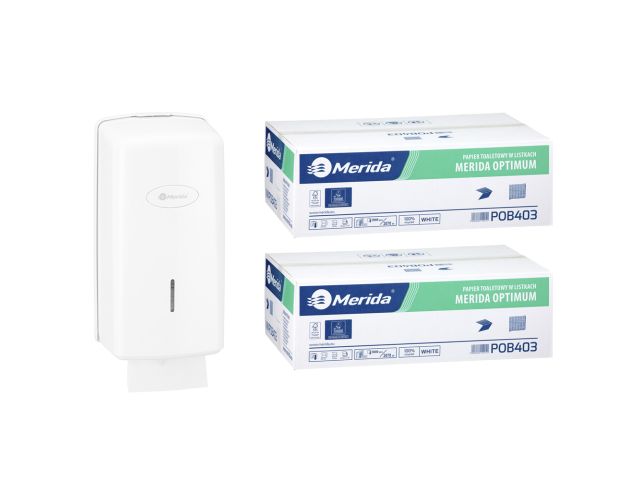 Pojemnik na papier toaletowy w listkach MERIDA ONE za 1 zł netto przy zakupie 2 kartonów papierów toaletowych MERIDA OPTIMUM POB403 (18 000 listków)