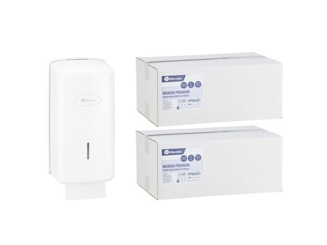 Pojemnik na papier toaletowy w listkach MERIDA ONE za 1 zł netto przy zakupie 2 kartonów papierów toaletowych MERIDA PREMIUM PPB401 (9 600 listków)