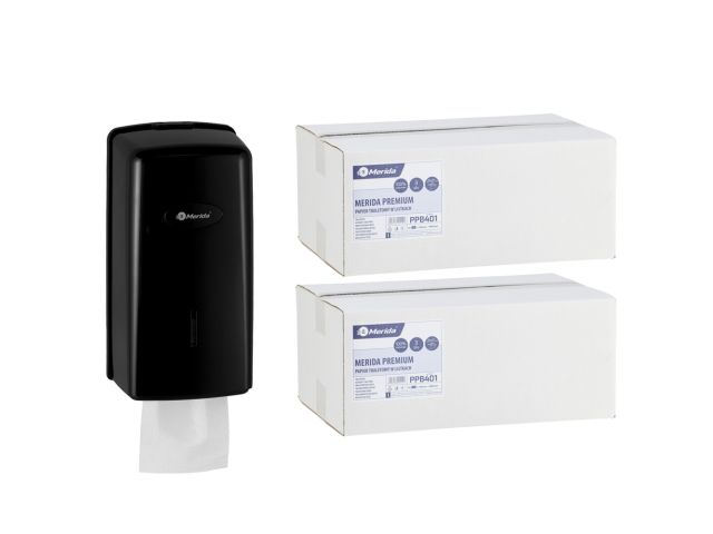 Pojemnik na papier toaletowy w listkach MERIDA ONE za 1 zł netto przy zakupie 2 kartonów papierów toaletowych MERIDA PREMIUM PPB401 (9 600 listków)