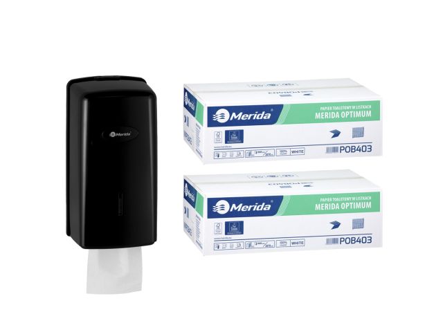 Pojemnik na papier toaletowy w listkach MERIDA ONE za 1 zł netto przy zakupie 2 kartonów papierów toaletowych MERIDA OPTIMUM POB403 (18 000 listków)