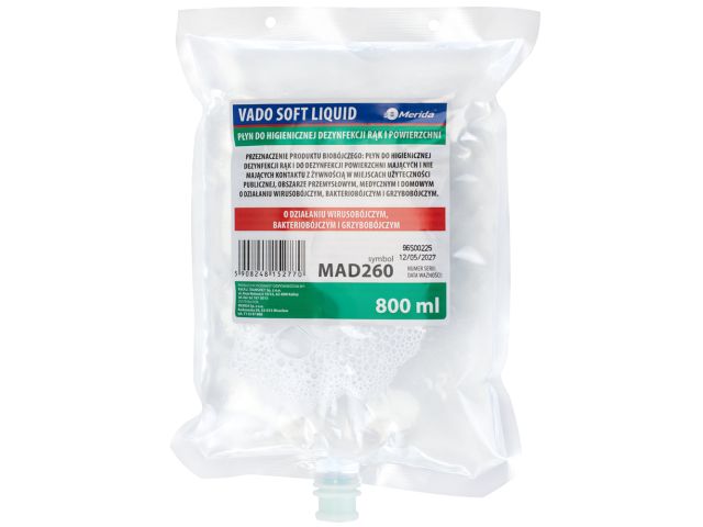 MERIDA VADO SOFT bezalkoholowy płyn do higienicznej dezynfekcji rąk i powierzchni, jednorazowy wkład 800 ml do dozownika MERIDA HARMONY AUTOMATIC