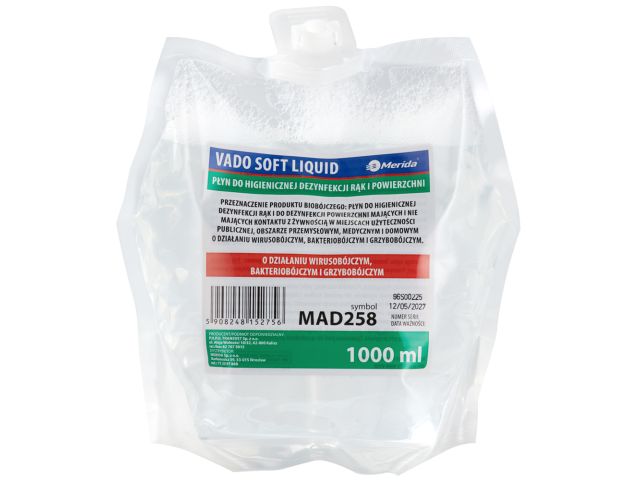 MERIDA VADO SOFT bezalkoholowy płyn do higienicznejj dezynfekcji rąk i powierzchni, jednorazowy wkład 1000 ml