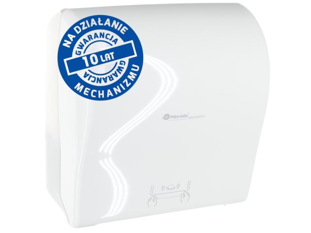 Mechaniczny podajnik ręczników papierowych w rolach MERIDA SOLID CUT AUTOMATIC MAXI, tworzywo ABS, front pełen biały - połysk, tył transparentny jasny - połysk