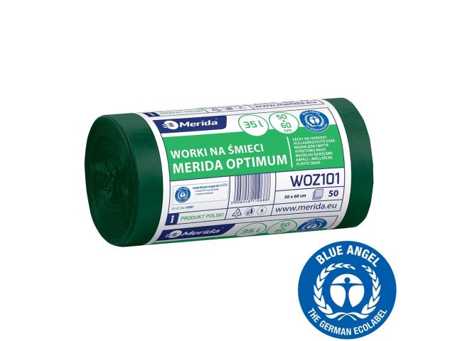 Worki na śmieci 35 l, MERIDA OPTIMUM BLUE ANGEL, zielone, 50x60 cm, rolka 50 szt.
