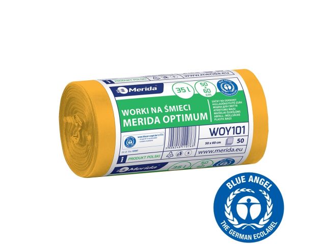 Worki na śmieci 35 l, MERIDA OPTIMUM BLUE ANGEL, żółte, 50x60 cm, rolka 50 szt.