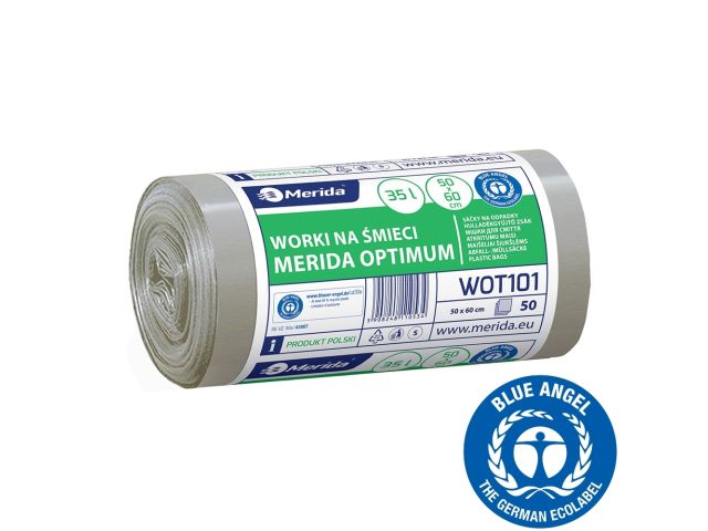 Worki na śmieci 35 l, MERIDA OPTIMUM BLUE ANGEL, bezbarwne, 50x60 cm, rolka 50 szt.