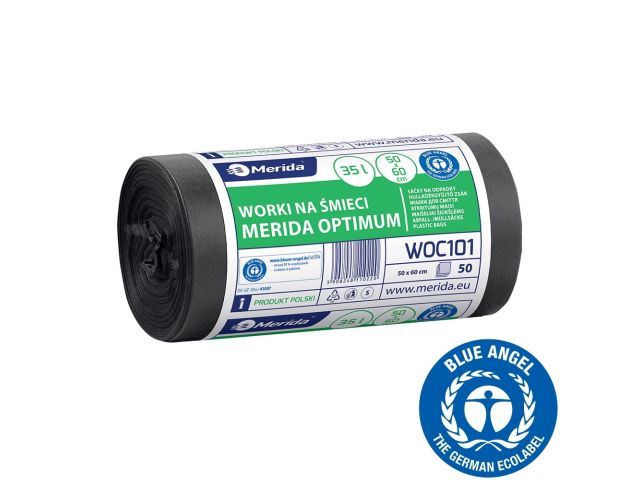 Worki na śmieci 35 l, MERIDA OPTIMUM BLUE ANGEL, czarne, 50x60 cm, rolka 50 szt.