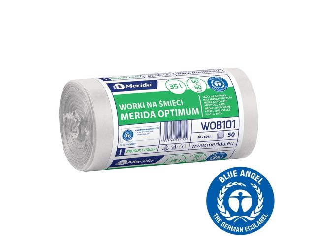 Worki na śmieci 35 l, MERIDA OPTIMUM BLUE ANGEL, białe, 50x60 cm, rolka 50 szt.