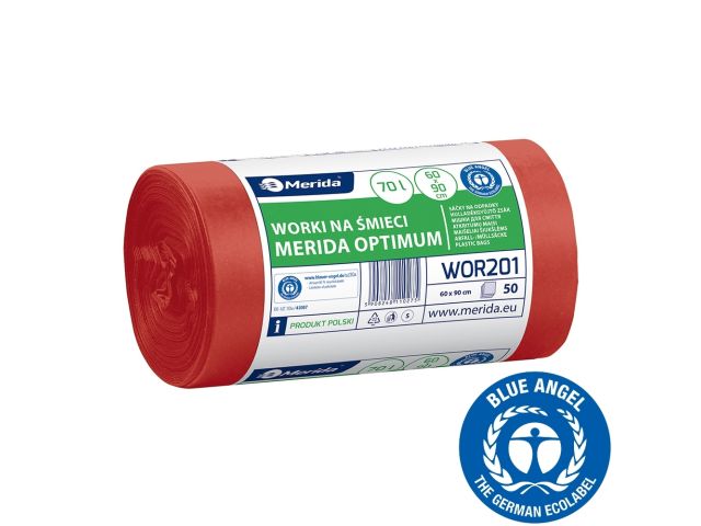 Worki na odpady medyczne 70 l, MERIDA OPTIMUM BLUE ANGEL, czerwone, 60x90, rolka 50 szt.
